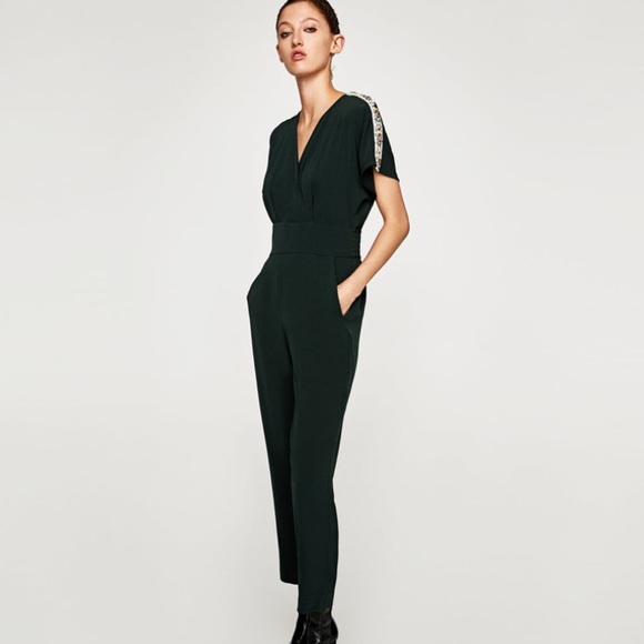Zara Pants - Zara • M • forest green jumpsuit w/ shoulder gems